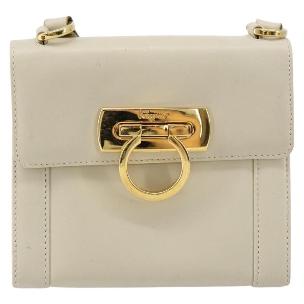 Salvatore Ferragamo Leather Gancini Shoulder Bag White Gold
